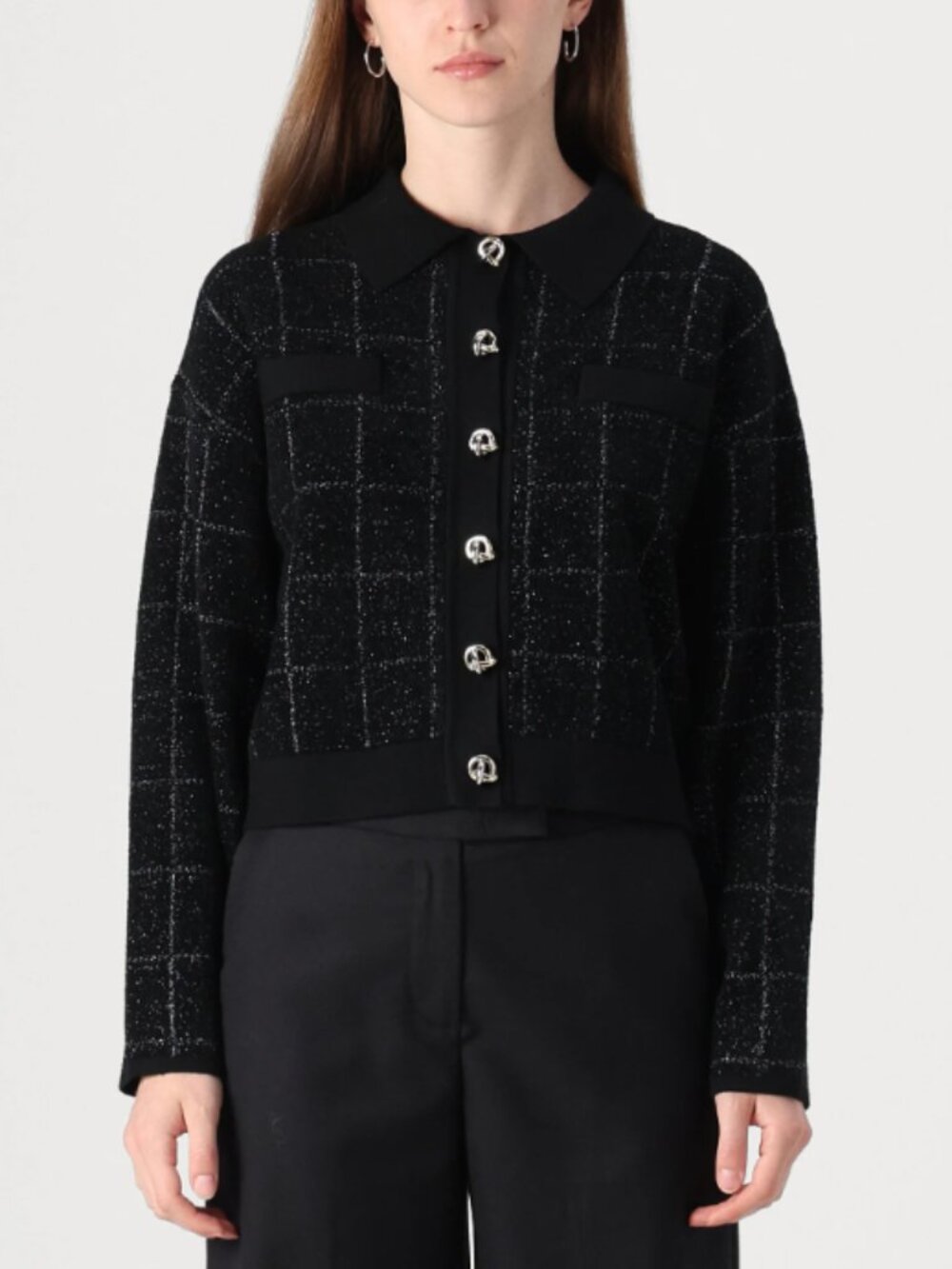 BOSS Hugo Boss Fironia Knit Tweed Check Cardigan Jacket S Black Cropped Boxy